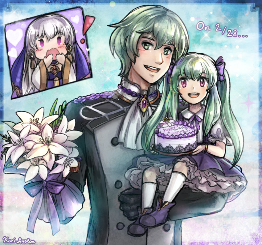 ! 1boy 2girls :d :o artist_name blush bouquet byleth_(fire_emblem) byleth_eisner_(male) cake dated dress english_commentary father_and_daughter fire_emblem fire_emblem:_three_houses flower food frilled_dress frills green_eyes green_hair hair_ribbon happy_birthday holding_person if_they_mated kari_avalon long_hair lysithea_von_ordelia mother_and_daughter multiple_girls open_mouth purple_dress ribbon sidelocks silver_hair smile twintails violet_eyes