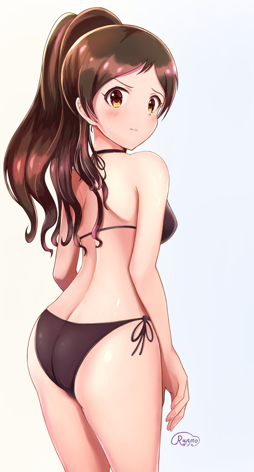 1girl absurdres bangs bikini black_bikini blush brown_eyes brown_hair closed_mouth from_behind high_ponytail highres idolmaster idolmaster_million_live! idolmaster_million_live!_theater_days kitazawa_shiho long_hair looking_at_viewer looking_back parted_bangs runmo77 shiny shiny_hair shoulder_blades side-tie_bikini simple_background solo standing swimsuit very_long_hair white_background