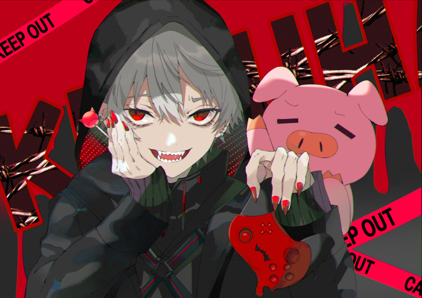 1boy :d absurdres background_text bangs between_fingers black_jacket black_sweater candy caution_tape character_name commentary_request controller ear_piercing earrings eyebrows_behind_hair fangs food game_controller grey_hair hair_between_eyes hands_up highres holding holding_food holding_lollipop hood hood_up hooded_jacket huge_filesize jacket jewelry kayanogura keep_out kuzuha_(nijisanji) lollipop long_sleeves looking_at_viewer male_focus nail_polish nijisanji open_clothes open_jacket open_mouth piercing red_eyes red_nails sharp_teeth sleeves_past_wrists smile solo sweater teeth upper_body virtual_youtuber