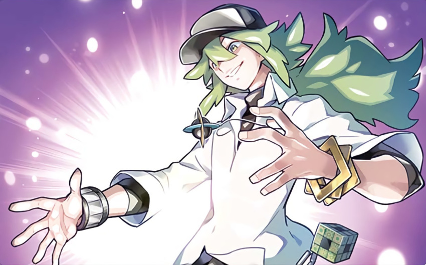 1boy baseball_cap collared_shirt fuse_ryuuta glowing green_eyes green_hair grin hair_between_eyes hat male_focus n_(pokemon) official_art open_arms pokemon pokemon_(game) pokemon_bw pokemon_trading_card_game purple_background shirt simple_background smile standing third-party_source upper_body white_shirt