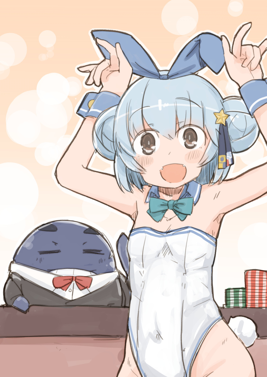 1girl 1other animal_ears arms_up blue_hair blue_neckwear bow bowtie bunny_tail bunnysuit commentary detached_collar double_bun enjaku_izuku fangs flat_chest highleg highleg_leotard highres kantai_collection leotard little_blue_whale_(kantai_collection) looking_at_viewer poker_chip rabbit_ears samuel_b._roberts_(kantai_collection) short_hair skin_fangs smile strapless strapless_leotard tail whale white_leotard wrist_cuffs yellow_eyes