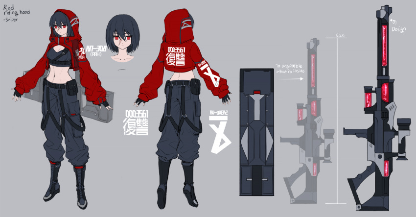 1girl belt_pouch black_hair boots box_(hotpppink) case character_sheet commentary_request cropped_jacket cross-laced_footwear expressionless flat_color full_body grey_background gun hood hood_up midriff original pants pouch red_eyes rifle ripples scar scope short_hair solo tsurime weapon
