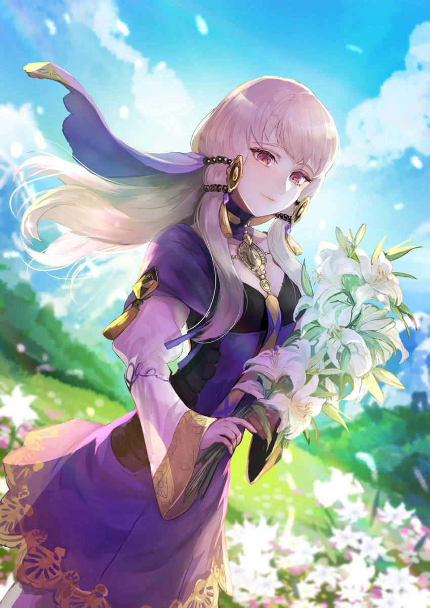 1girl bangs blue_sky blush bouquet clouds commentary_request day dress fire_emblem fire_emblem:_three_houses flower highres holding holding_flower kokouno_oyazi light_smile long_hair long_sleeves looking_at_viewer lysithea_von_ordelia outdoors purple_dress silver_hair sky solo uniform violet_eyes wide_sleeves