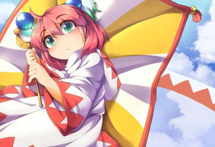 1girl ahoge blush closed_mouth clouds final_fantasy final_fantasy_fables fun_bo green_eyes holding looking_at_viewer pink_hair robe shirma short_hair solo staff white_mage