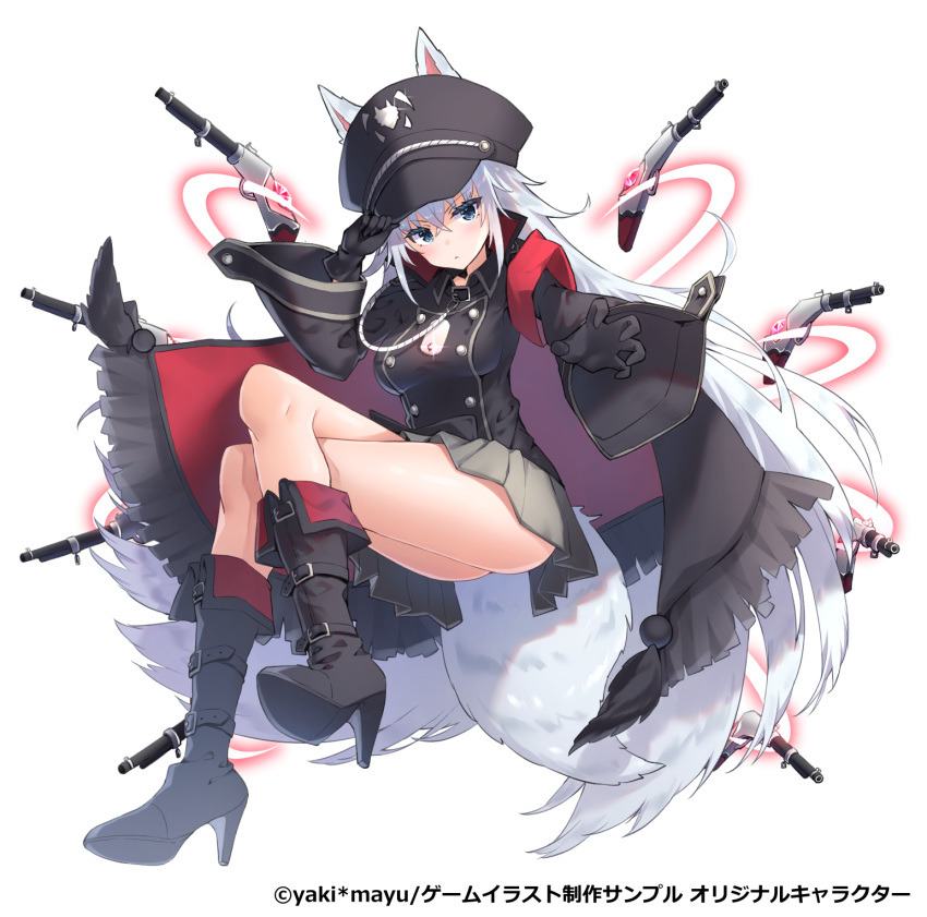 1girl animal_ears artist_name black_jacket blue_eyes boots breasts cape claw_pose commentary_request crossed_legs dog_ears dog_tags dog_tail double-breasted eyebrows_visible_through_hair grey_skirt gun hair_between_eyes hat highres jacket long_hair long_sleeves looking_at_viewer military military_uniform original outstretched_arm peaked_cap pose silver_hair skirt small_breasts solo tail uniform v-shaped_eyebrows very_long_hair weapon yaki_mayu