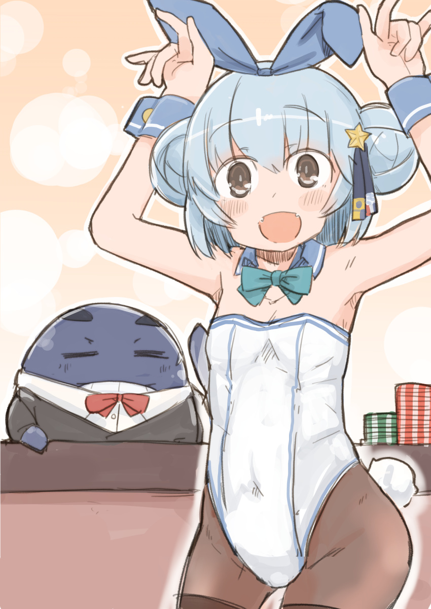 1girl 1other animal_ears arms_up blue_hair blue_neckwear bow bowtie brown_legwear bunny_tail bunnysuit commentary commentary_request cowboy_shot detached_collar double_bun enjaku_izuku fangs flat_chest highleg highleg_leotard highres kantai_collection leotard little_blue_whale_(kantai_collection) looking_at_viewer pantyhose poker_chip rabbit_ears samuel_b._roberts_(kantai_collection) short_hair skin_fangs smile strapless strapless_leotard tail thighband_pantyhose whale white_leotard wrist_cuffs yellow_eyes