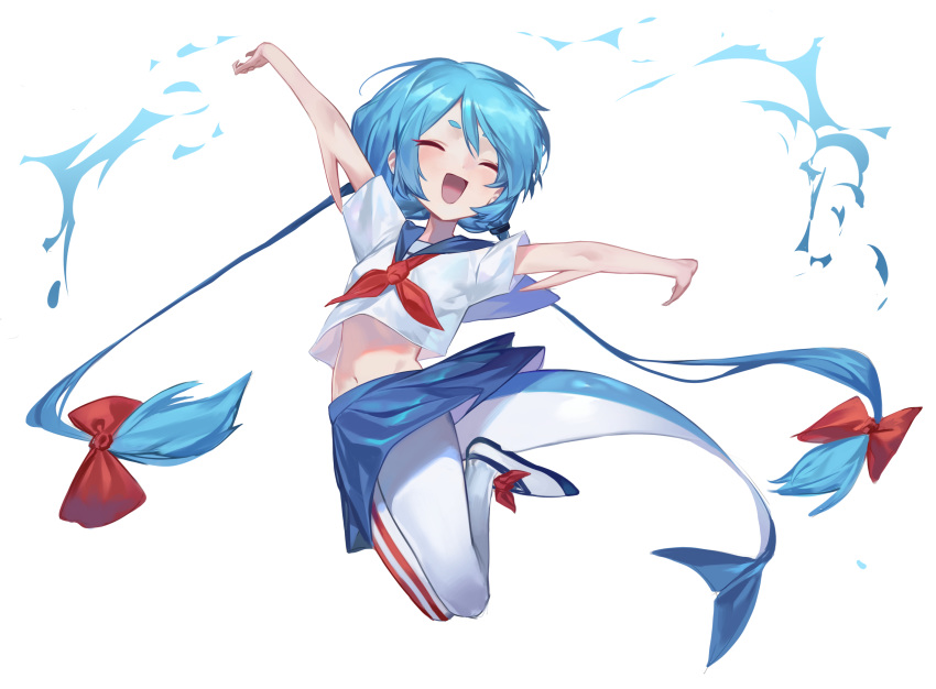 1girl arms_up blue_hair blue_skirt blush bow cheering closed_eyes hair_bow highres long_hair mismatched_legwear navel open_mouth original pantyhose red_bow red_neckwear school_uniform shark_girl short_eyebrows simple_background skirt smile ssangbong-llama striped striped_legwear tail twintails uniform white_background white_legwear