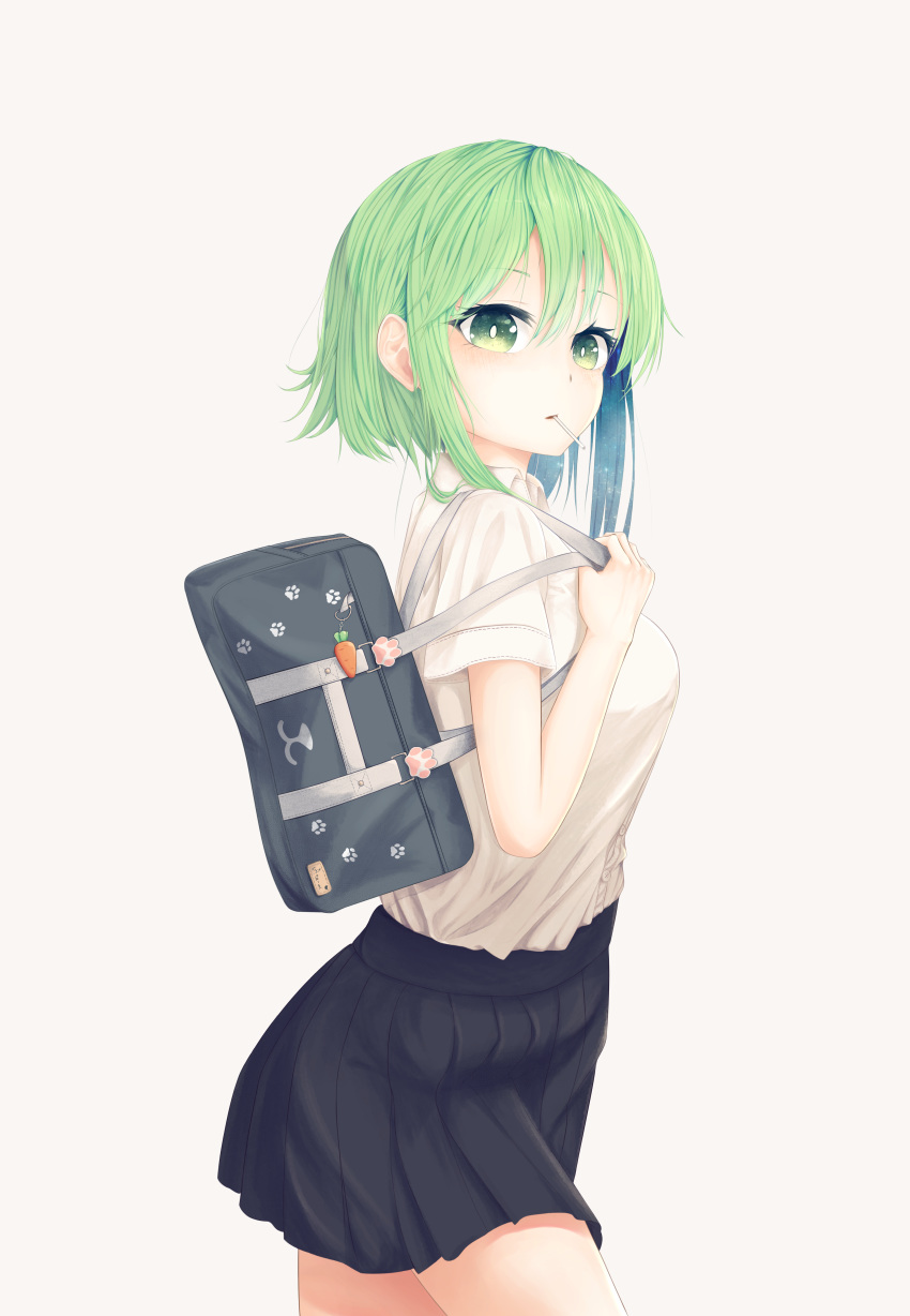1girl absurdres alternate_costume asa-ai bag black_skirt blush breasts candy carrot carrying_over_shoulder commentary_request cowboy_shot food food_in_mouth from_side green_eyes green_hair gumi hair_between_eyes highres lollipop looking_at_viewer looking_to_the_side medium_breasts paw_print pleated_skirt promotional_art school_bag school_uniform shirt short_hair_with_long_locks simple_background skirt solo vocaloid white_background white_shirt