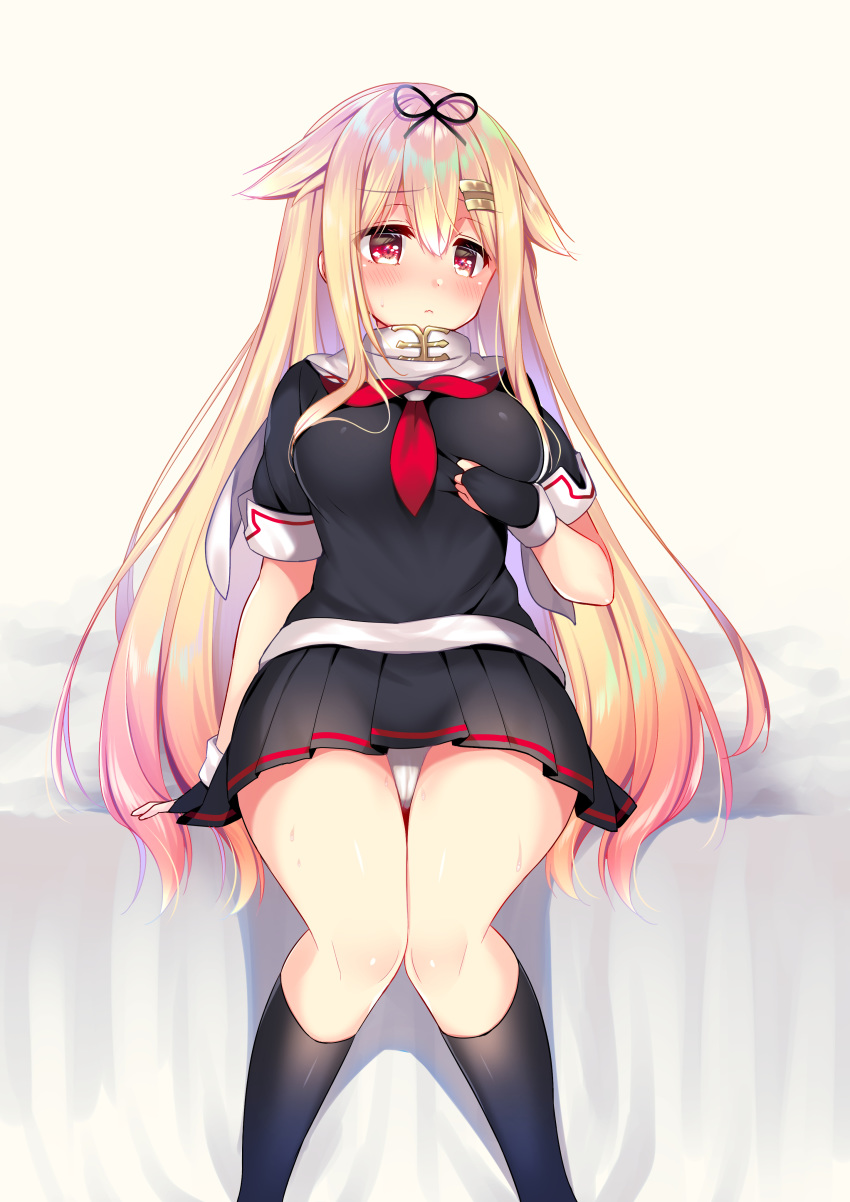 1girl absurdres black_ribbon black_serafuku blonde_hair breasts fanbox_reward gradient_hair hair_flaps hair_ornament hair_ribbon hairclip highres kantai_collection large_breasts long_hair messy_hair multicolored_hair neckerchief paid_reward panties red_eyes remodel_(kantai_collection) ribbon ringo_sui scarf school_uniform serafuku straight_hair underwear very_long_hair white_panties white_scarf yuudachi_(kantai_collection)