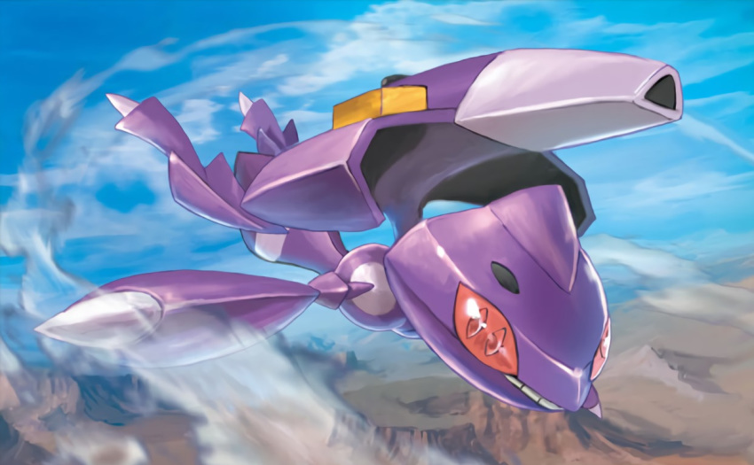 anesaki_dynamic blue_sky brown_eyes clouds cloudy_sky creature day floating gen_5_pokemon genesect no_humans official_art outdoors pokemon pokemon_(creature) pokemon_trading_card_game sky solo third-party_source