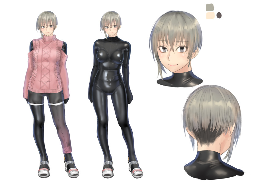 1girl blush bodysuit breasts brown_hair closed_mouth eyebrows_visible_through_hair grey_eyes highres kilye_4421 large_breasts latex_bodysuit looking_at_viewer original pink_sweater short_hair skin_tight smile solo sweater