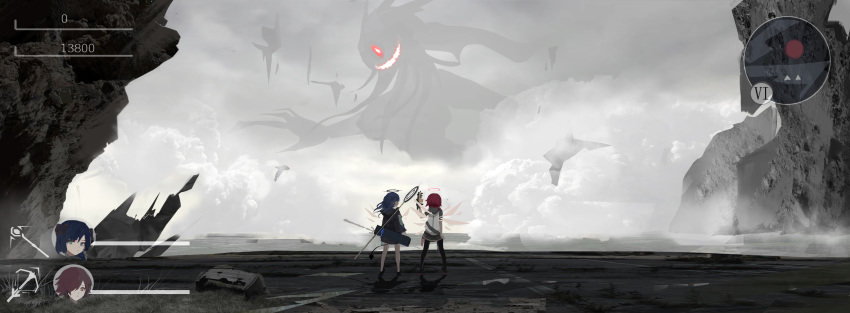 2girls absurdres arknights blue_eyes blue_hair exusiai_(arknights) gun hair_over_one_eye halo heads-up_display health_bar highres holding holding_weapon horns jacket koujuiy long_hair minimap mostima_(arknights) multiple_girls red_eyes redhead scenery short_hair size_difference staff weapon