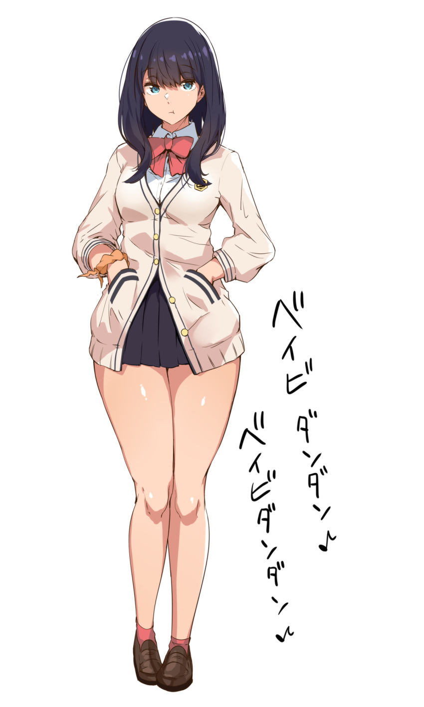 1girl bangs black_hair black_skirt blue_eyes bow bowtie cardigan closed_mouth collared_shirt commentary_request full_body hands_in_pockets highres long_hair long_sleeves microskirt orange_scrunchie pleated_skirt pout red_legwear red_neckwear school_uniform scrunchie shirt skirt socks ssss.gridman standing straight_hair sweater takarada_rikka thighs tokiwa_midori_(kyokutou_funamushi) translation_request white_cardigan white_shirt white_sweater wrist_scrunchie