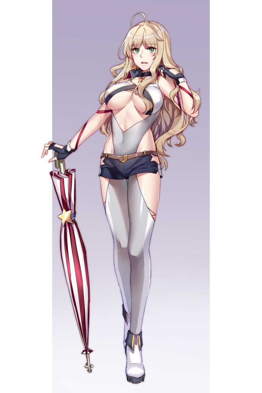1girl absurdres aer_(tengqiu) blonde_hair breasts choker gloves green_eyes grey_background hand_in_hair highres large_breasts long_hair looking_at_viewer missouri_(warship_girls_r) open_mouth shorts solo thigh-highs umbrella very_long_hair warship_girls_r