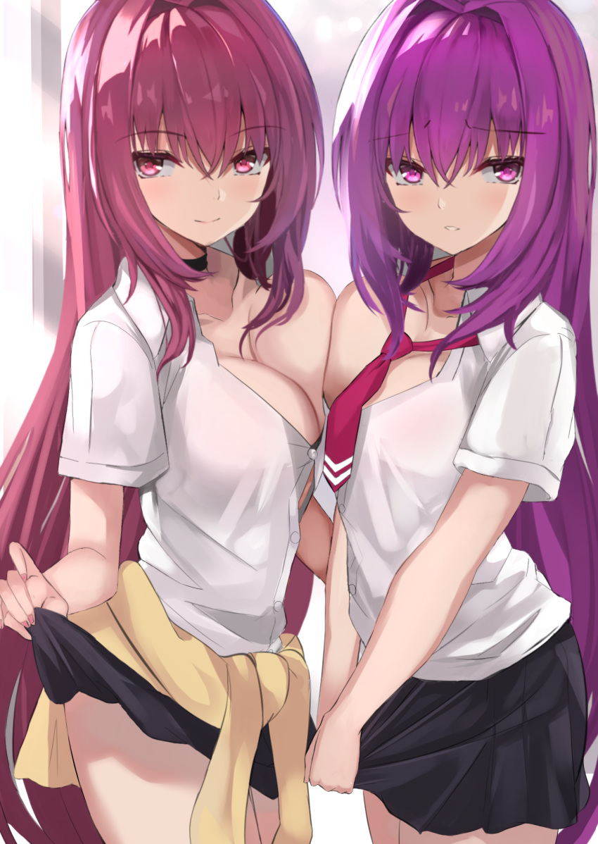 2girls breast_press breasts clothes_around_waist fate/grand_order fate_(series) hair_intakes highres kesoshirou large_breasts lifted_by_self long_hair looking_at_viewer multiple_girls necktie one_breast_out purple_hair red_eyes scathach_(fate)_(all) scathach_(fate/grand_order) scathach_skadi_(fate/grand_order) school_uniform shirt short_sleeves skirt skirt_lift smile sweater_around_waist symmetrical_docking untied white_shirt