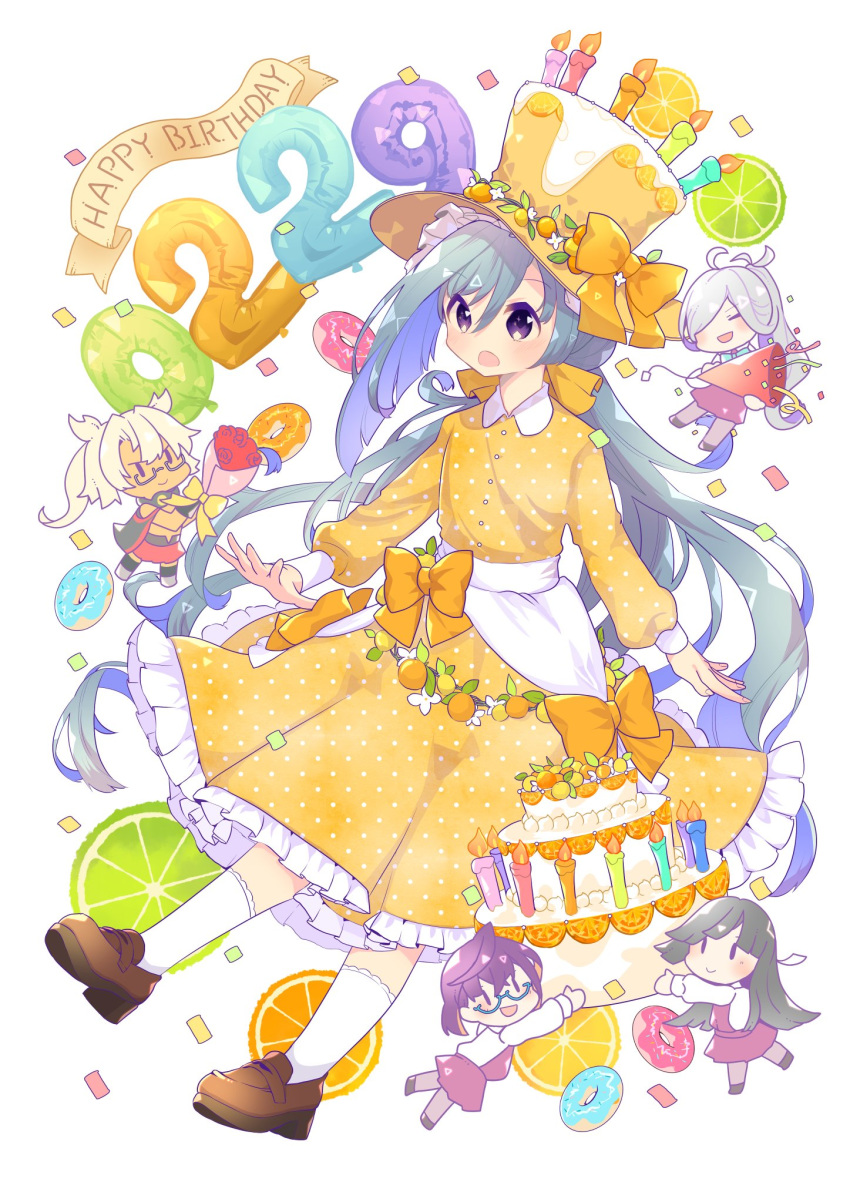 5girls ahoge alternate_costume asashimo_(kantai_collection) balloon bangs blush bouquet bow cake cake_hat candle closed_eyes confetti doughnut dress eyebrows_visible_through_hair flower food frilled_dress frills glasses hair_over_one_eye hair_ribbon happy_birthday harunohotaru hat hayashimo_(kantai_collection) highres holding kantai_collection kiyoshimo_(kantai_collection) kneehighs long_hair long_sleeves low_twintails minigirl multicolored_hair multiple_girls musashi_(kantai_collection) okinami_(kantai_collection) open_mouth orange_dress party_popper ponytail ribbon top_hat twintails two-tone_hair very_long_hair white_legwear
