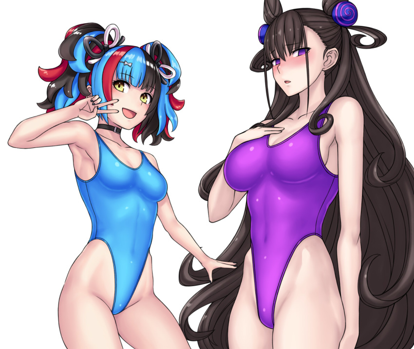 2girls black_hair black_nails blue_hair blue_leotard blue_swimsuit breasts cowboy_shot double_bun fate/grand_order fate_(series) hai_(h81908190) highleg highleg_leotard highleg_swimsuit large_breasts leotard long_hair looking_at_viewer multicolored_hair multiple_girls murasaki_shikibu_(fate) one-piece_swimsuit purple_leotard purple_swimsuit redhead sei_shounagon_(fate) simple_background small_breasts smile swimsuit twintails v v_over_eye very_long_hair violet_eyes white_background yellow_eyes