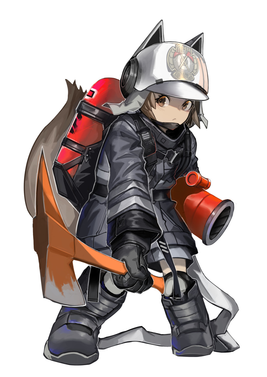 1girl absurdres animal_ears animal_ears_helmet arknights axe black_footwear black_gloves boots commentary_request fake_animal_ears fire_axe fire_helmet firefighter fixro2n full_body gloves grey_jacket helmet highres holding jacket knee_boots long_sleeves oxygen_tank shaw_(arknights) simple_background solo squirrel_ears squirrel_girl squirrel_tail standing tail white_background