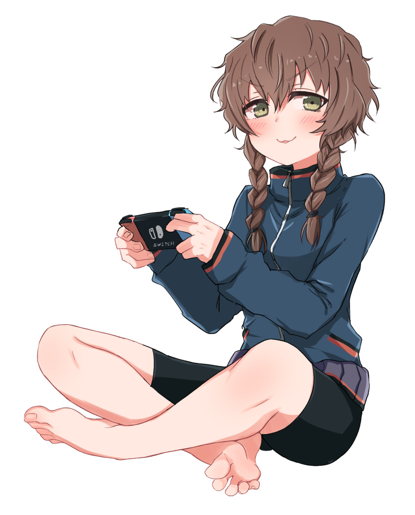 1girl amane_suzuha barefoot bike_shorts black_shorts blue_jacket blush braid breasts brown_hair full_body greek_toe green_eyes highres indian_style jacket kahlua_(artist) long_sleeves looking_at_viewer medium_hair nintendo_switch parted_lips playing_games shorts side_braids simple_background sitting small_breasts soles solo steins;gate toes track_jacket twin_braids white_background zipper