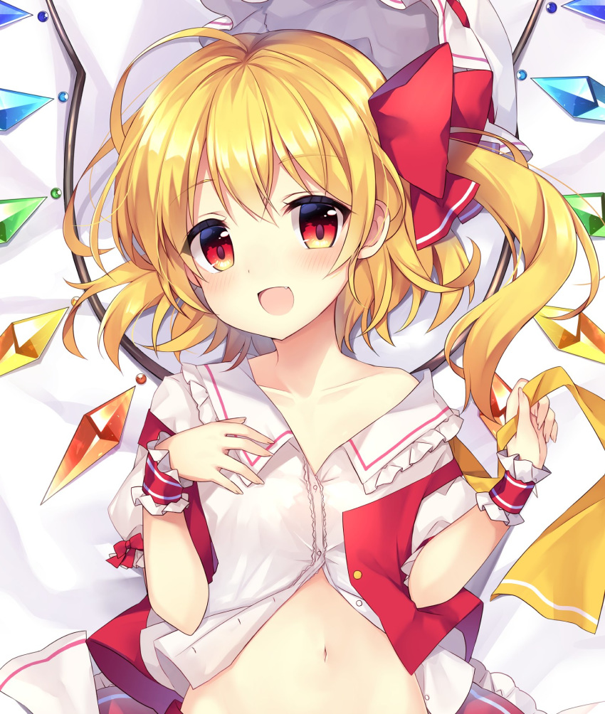 1girl :d bangs blonde_hair blush bow collarbone commentary_request crystal eyebrows_visible_through_hair fang flandre_scarlet frilled_shirt_collar frills hair_bow hat highres looking_at_viewer lying medium_hair mob_cap navel on_back one_side_up open_mouth puffy_short_sleeves puffy_sleeves red_bow red_eyes red_vest ruhika shirt short_sleeves smile solo stomach touhou unbuttoned unbuttoned_shirt upper_body vest white_headwear white_shirt wings wrist_cuffs