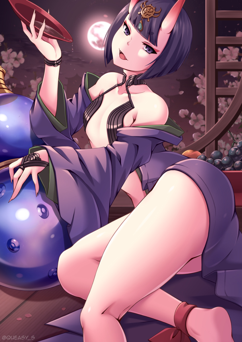 1girl alcohol ankle_ribbon bangs bare_shoulders blunt_bangs bob_cut breasts cherry_blossoms collarbone cup english_commentary falling_petals fangs fate/grand_order fate_(series) fingernails food fruit gourd grapes head_tilt headpiece highres horns japanese_clothes kimono kneepits looking_at_viewer moon moonlight night night_sky oni_horns open_clothes open_kimono open_mouth peach pouring purple_hair queasy_s reclining red_ribbon revealing_clothes ribbon sakazuki sake sharp_fingernails short_hair shuten_douji_(fate/grand_order) skin-covered_horns sky small_breasts smile solo straight_hair thighs twitter_username violet_eyes wooden_floor