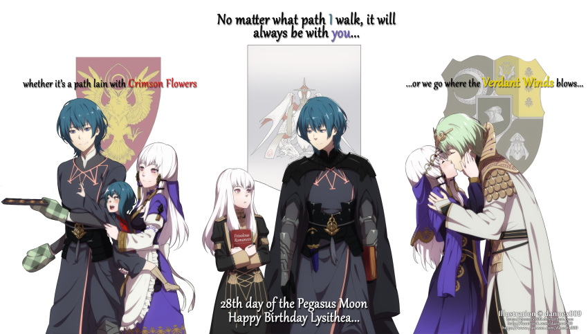 1boy 2girls apron armor artist_name black_gloves blue_eyes blue_hair book byleth_(fire_emblem) byleth_eisner_(male) carrying child closed_eyes closed_mouth dagger dannex009 dress english_text fire_emblem fire_emblem:_three_houses from_side garreg_mach_monastery_uniform gloves green_hair hair_ornament happy_birthday highres holding holding_book kiss long_hair long_sleeves lysithea_von_ordelia multiple_girls open_mouth oven_mitts pink_eyes sheath sheathed short_hair smile tiara tray uniform watermark weapon web_address white_hair