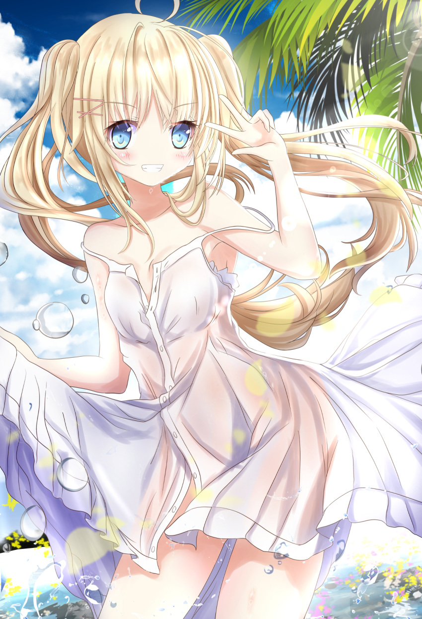 1girl ahoge arm_up aruka_(alka_p1) bare_arms bare_shoulders blonde_hair blue_eyes blush breasts clouds cloudy_sky commentary_request dress dress_lift eyebrows_visible_through_hair grin hair_between_eyes highres looking_at_viewer moe2020 original palm_tree sky small_breasts smile solo spaghetti_strap strap_slip sundress tree twintails v wading water water_drop white_dress