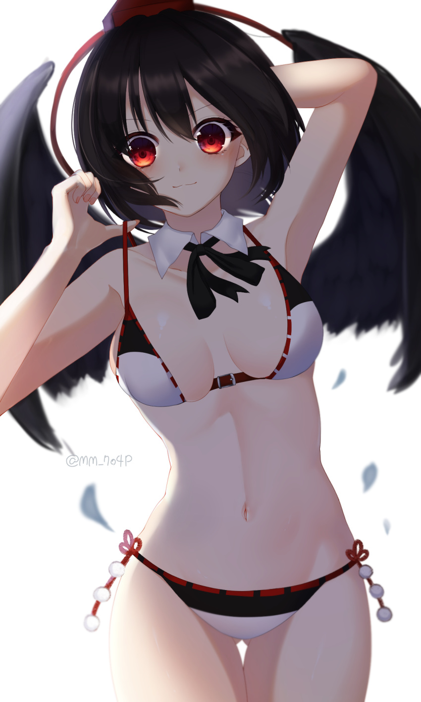 1girl :3 ass_visible_through_thighs backlighting bikini black_hair black_wings breasts closed_mouth cowboy_shot feathered_wings feathers hair_between_eyes hat highres looking_at_viewer medium_breasts navel okichi_miyoshi red_eyes red_headwear shameimaru_aya short_hair side-tie_bikini simple_background smile solo stomach strap_pull swimsuit thigh_gap tokin_hat touhou twitter_username white_background white_bikini wings