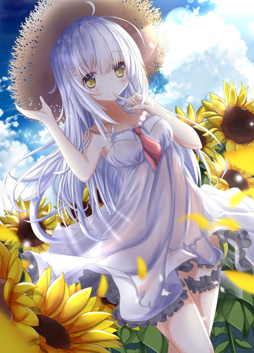 1girl aruka_(alka_p1) bare_arms bare_shoulders blush breasts clouds cloudy_sky collarbone commentary_request dress dress_lift eyebrows_visible_through_hair finger_to_mouth floating_hair flower hair_between_eyes hair_ribbon hat highres holding holding_hat light_rays long_hair looking_at_viewer medium_breasts moe2020 original petals ribbon silver_hair sky sleeveless sleeveless_dress smile solo spaghetti_strap straw_hat sundress sunflower thigh_strap white_dress yellow_eyes