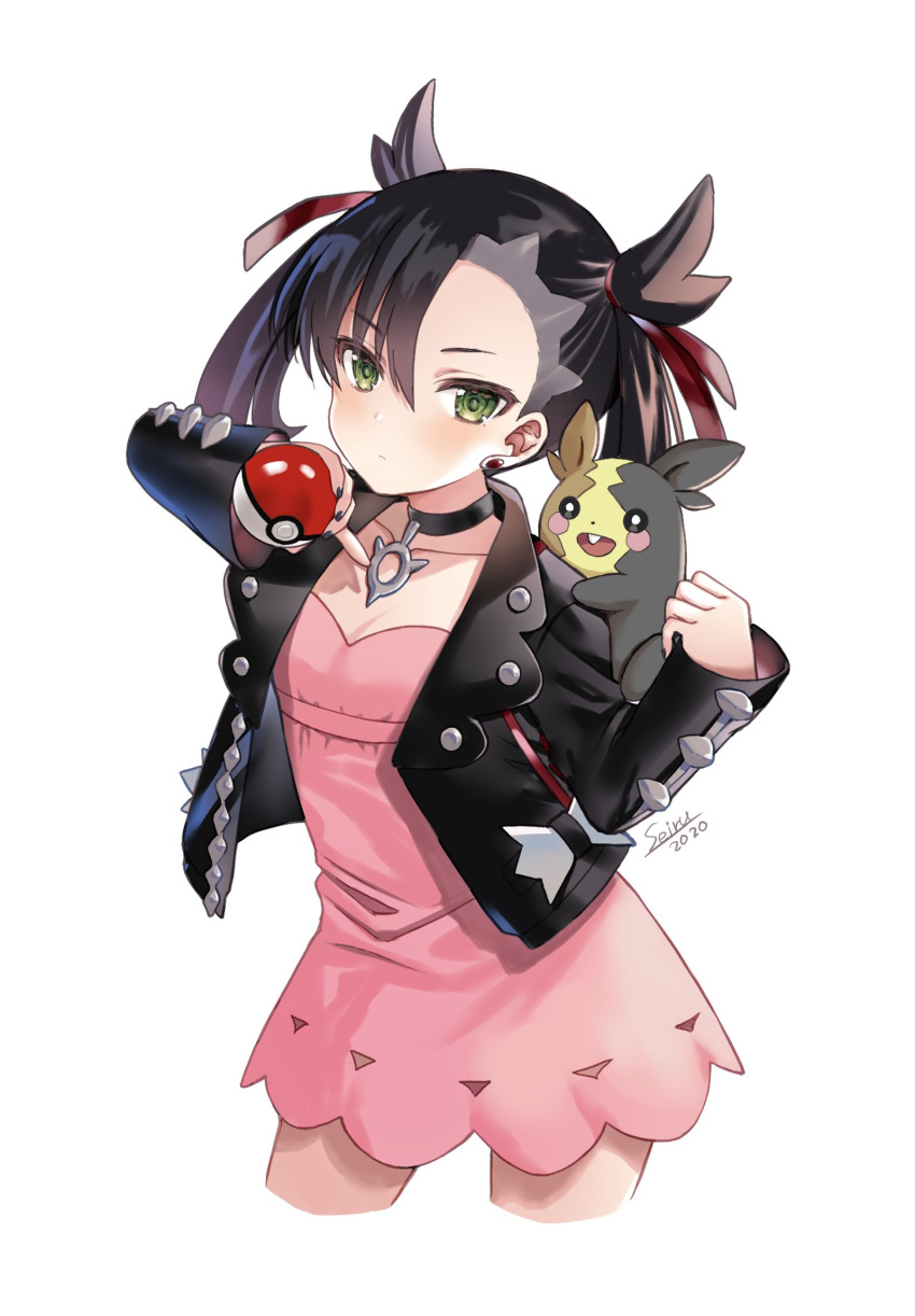 1girl asymmetrical_bangs asymmetrical_hair bangs black_choker black_hair black_jacket black_nails blush breasts choker closed_mouth collarbone dress earrings gen_8_pokemon green_eyes hair_ribbon highres hijiri_ruka holding holding_poke_ball jacket jewelry long_hair long_sleeves looking_at_viewer mary_(pokemon) morpeko open_clothes open_jacket pink_dress poke_ball poke_ball_(generic) pokemon pokemon_(game) pokemon_swsh red_ribbon ribbon simple_background small_breasts thighs twintails undercut white_background