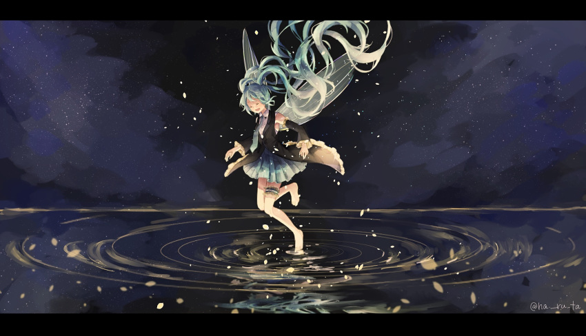 1girl aqua_hair aqua_neckwear aqua_skirt barefoot black_sleeves black_vest closed_eyes commentary detached_sleeves fairy_wings floating_hair haruta_(user_dndp3458) hatsune_miku highres long_hair necktie night night_sky open_mouth petals pleated_skirt reflection ripples shirt skirt sky smile solo standing standing_on_liquid star_(sky) starry_sky thigh_strap twintails twitter_username very_long_hair vest vocaloid white_shirt wide_shot wings