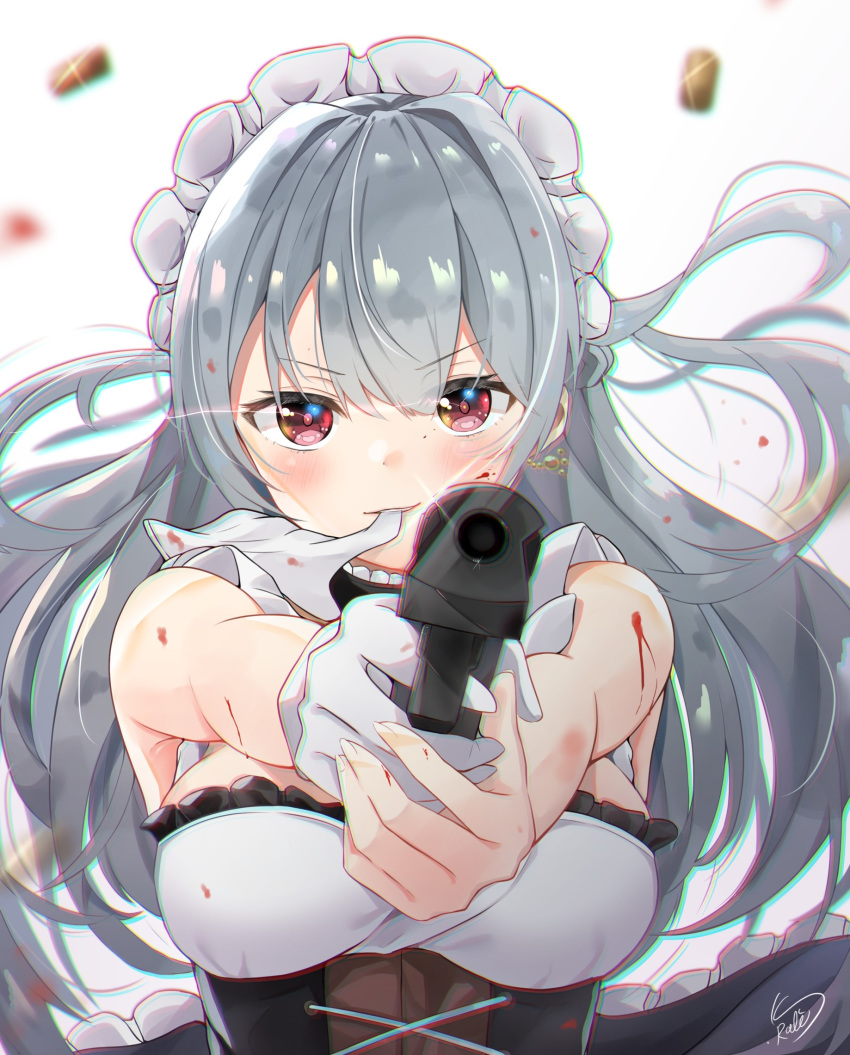 &gt;:) 1girl aiming_at_viewer bangs bare_shoulders black_skirt blood blood_on_face bloody_clothes blush breasts casing_ejection earrings eyebrows_visible_through_hair frilled_skirt frills gloves grey_hair gun handgun high-waist_skirt highres jewelry kurorakudaaa large_breasts long_hair maid mouth_hold original red_eyes shell_casing signature single_glove skirt solo underbust very_long_hair weapon white_gloves wind wind_lift