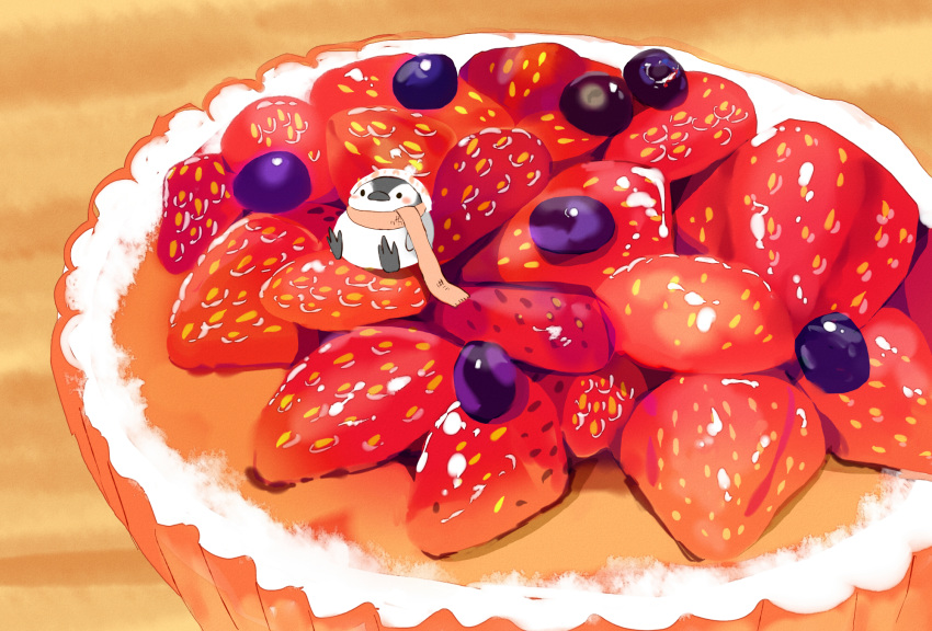 1other bird blueberry chai commentary_request food fruit highres looking_at_viewer no_humans original penguin scarf sitting sitting_on_food strawberry tart_(food)