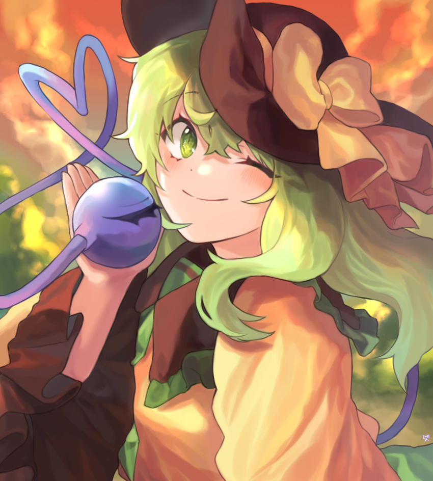 1girl ;) bangs black_headwear blush bow cheunes commentary eyebrows_visible_through_hair green_eyes green_hair hair_between_eyes hand_up hat hat_bow heart heart_of_string highres komeiji_koishi long_sleeves looking_at_viewer one_eye_closed shirt short_hair smile solo third_eye touhou upper_body wide_sleeves yellow_bow yellow_shirt