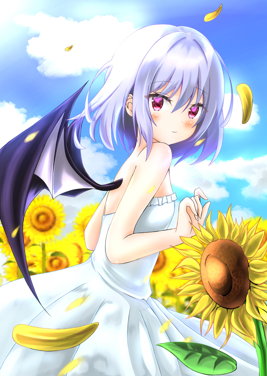 1girl alternate_costume arms_up bare_arms bare_shoulders bat_wings blue_sky blurry blurry_background blush breasts clouds commentary_request cowboy_shot day depth_of_field dress eyebrows_visible_through_hair field flower flower_field from_side hair_between_eyes highres light_blue_hair light_smile looking_at_viewer looking_back no_headwear outdoors petals red_eyes remilia_scarlet short_hair sky small_breasts solo standing strapless strapless_dress sumishi_(sumisi_3) summer sundress sunflower touhou white_dress wind wings