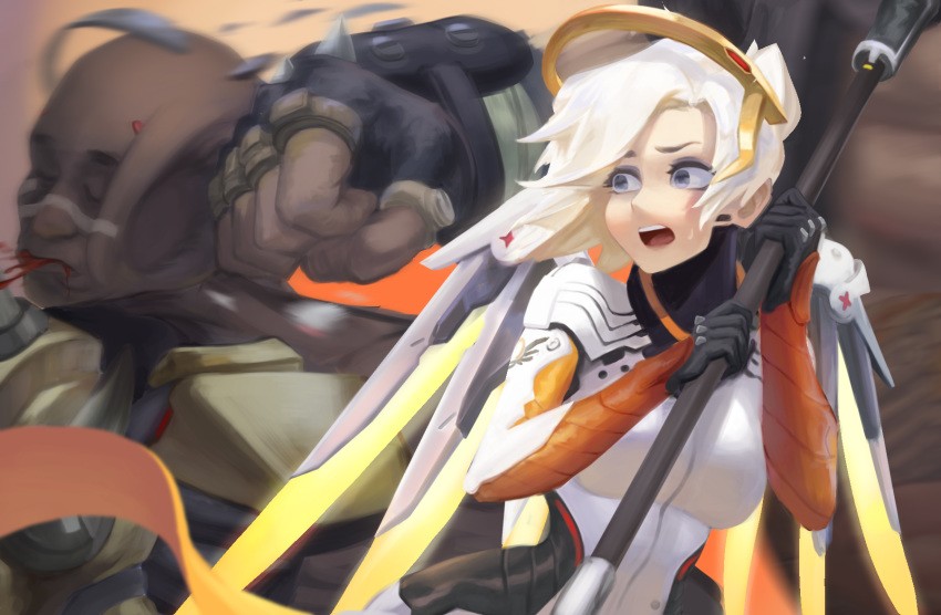 1girl 2boys bald blood blood_from_mouth blue_eyes brass_knuckles chaneung clenched_hand commentary dark_skin doomfist_(overwatch) english_commentary fingerless_gloves gloves highres holding holding_staff in_the_face mechanical_halo mechanical_wings mercy_(overwatch) multiple_boys overwatch pain power_suit punching roadhog_(overwatch) solo_focus spikes staff surprised very_dark_skin weapon white_hair wings yellow_wings