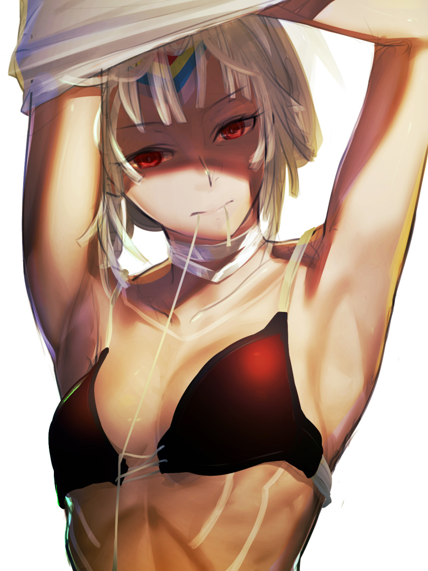 1girl altera_(fate) armpits arms_up bra breasts choker collarbone dark_skin fate/grand_order fate_(series) highres i-pan mouth_hold red_eyes silver_hair small_breasts solo underwear undressing white_background