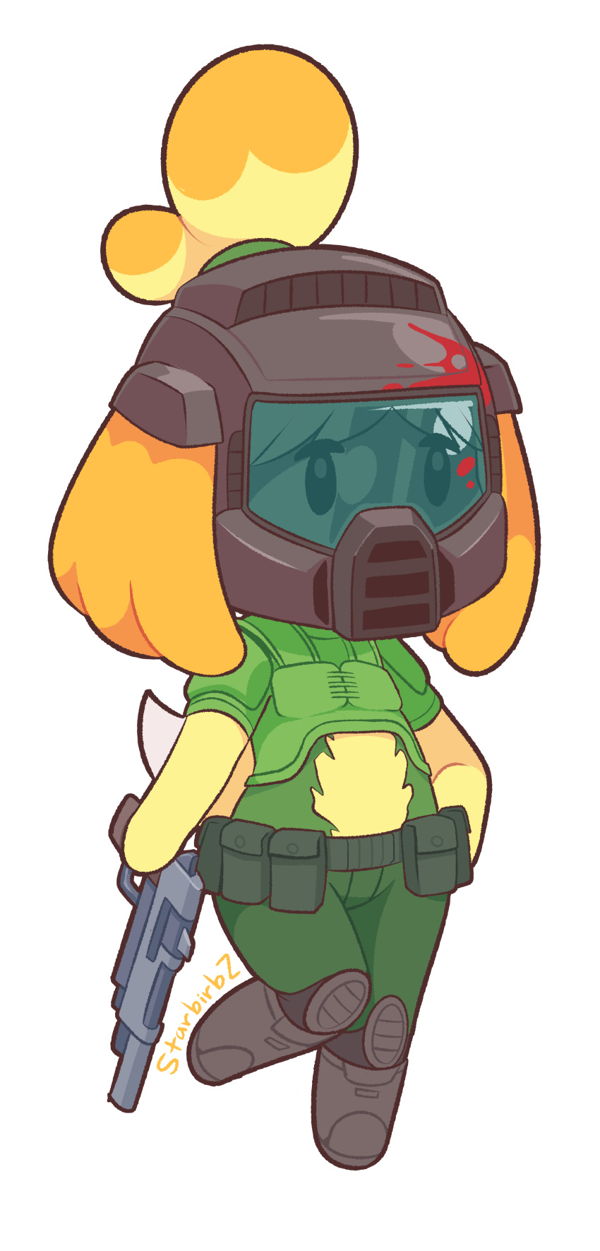 1girl absurdres alternate_costume animal_ears armor artist_name belt black_eyes black_footwear blonde_hair blood boots cosplay dog_ears dog_tail doom_(game) doomguy doomguy_(cosplay) doubutsu_no_mori full_body furry green_pants green_shirt gun hair_tie hand_on_hip handgun helmet highres holding holding_gun holding_weapon knee_boots knee_pads knees_together_feet_apart leg_up nintendo no_humans pants pouch shirt shizue_(doubutsu_no_mori) short_hair short_sleeves signature simple_background solo standing standing_on_one_leg starman_jr. stomach tail tied_hair topknot torn_clothes weapon white_background