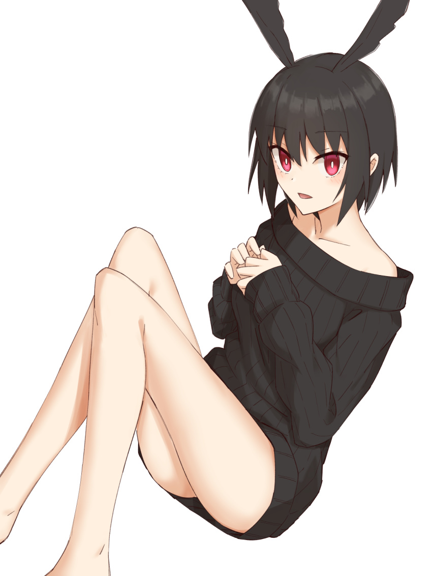 1girl ass bangs bare_shoulders black_hair black_sweater blush breasts commentary_request elfenlied22 eyebrows_visible_through_hair fate/grand_order fate_(series) head_wings highres long_hair looking_at_viewer open_mouth ortlinde_(fate/grand_order) red_eyes short_hair simple_background sleeves_past_wrists sweater valkyrie_(fate/grand_order) white_background