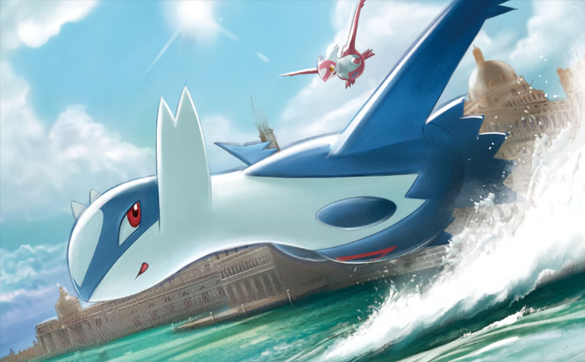 arita_mitsuhiro blue_sky building clouds cloudy_sky creature day flying gen_3_pokemon latias latios legendary_pokemon looking_at_another looking_back no_humans official_art outdoors pokemon pokemon_(creature) pokemon_trading_card_game red_eyes sky sun third-party_source water yellow_eyes