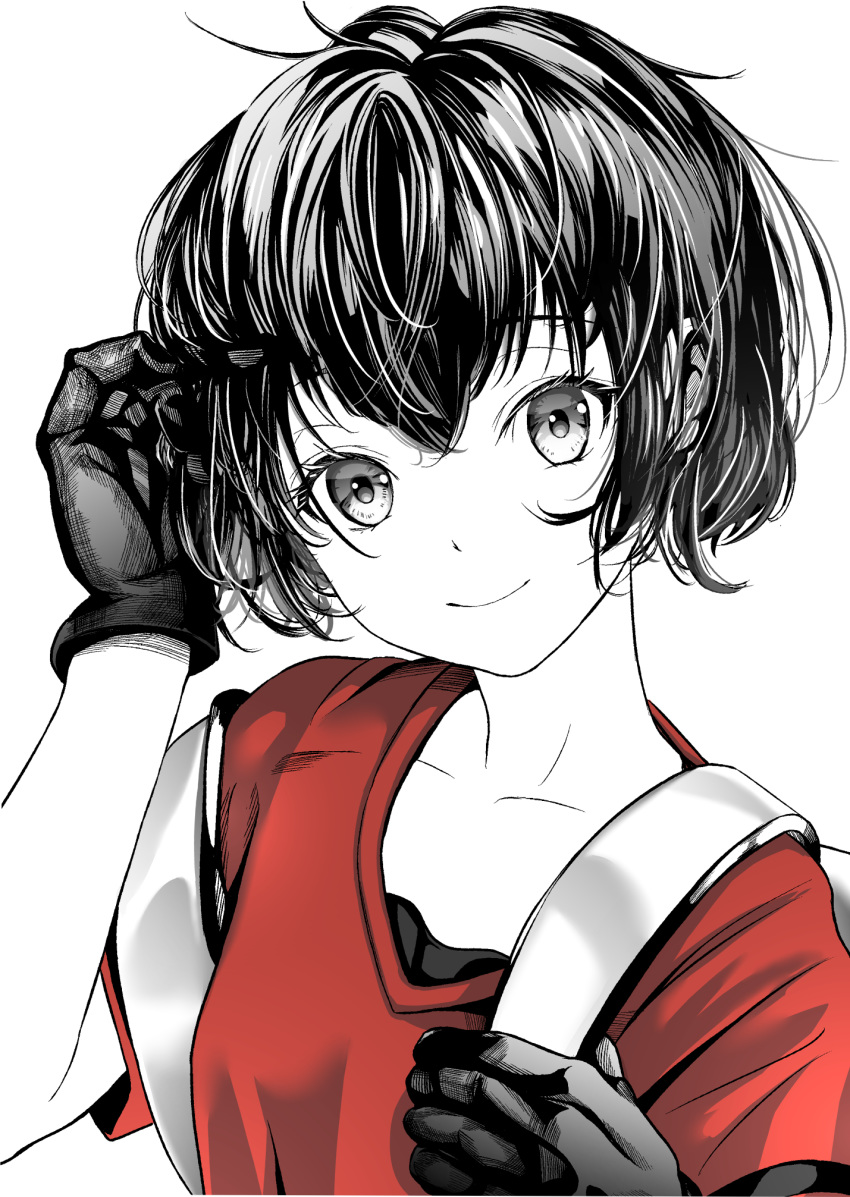 1girl akegata_tobari closed_mouth gloves greyscale hand_in_hair highres kaban_(kemono_friends) kemono_friends looking_at_viewer monochrome partially_colored red_shirt shirt short_hair short_sleeves smile solo upper_body wavy_hair