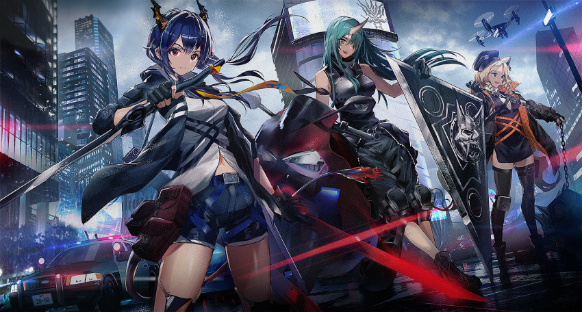 3girls animal_ears arknights bangs black_legwear blonde_hair blue_hair boots car ch'en_(arknights) city clothes_around_waist dragon_horns dragon_tail drill_hair drone dual_wielding dutch_angle fingerless_gloves gloves green_hair ground_vehicle hair_over_one_eye hat holding holding_sword holding_weapon horn horns hoshiguma_(arknights) jacket katana knee_pads long_hair looking_at_viewer motor_vehicle motorcycle multiple_girls necktie oni_horns open_clothes open_jacket police_car red_eyes shorts skin-covered_horns swav swire_(arknights) sword tail thigh-highs tiger_ears twin_drills weapon yellow_eyes