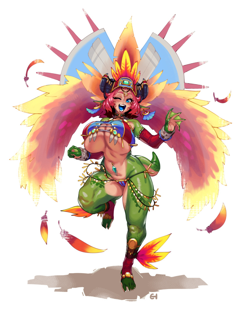 1girl ankle_wings barefoot bikini blue_eyes blue_tongue breasts carnival commentary criss-cross_halter detached_sleeves dragon_girl dragon_tail earrings eigaka english_commentary feathers full_body gem green_skin hair_feathers halter_top halterneck headdress highres huge_breasts jewelry lipstick lowleg lowleg_bikini makeup monster_girl navel_piercing nina_(eigaka) open_mouth original piercing pink_hair pointy_ears red_sleeves scales smile solo swimsuit tail thick_thighs thighs two-tone_skin under_boob webbed_hands