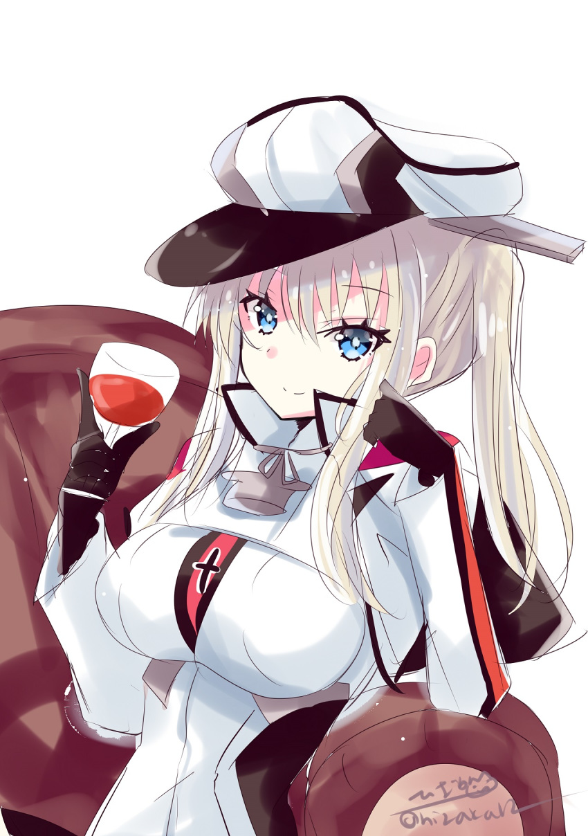 1girl alcohol anchor_necklace black_gloves blonde_hair blue_eyes blush breasts capelet coach cup drinking_glass gloves graf_zeppelin_(kantai_collection) hair_between_eyes hat highres hizaka kantai_collection large_breasts long_hair looking_at_viewer military military_uniform peaked_cap sidelocks simple_background sitting solo twintails twitter_username uniform white_background wine wine_glass