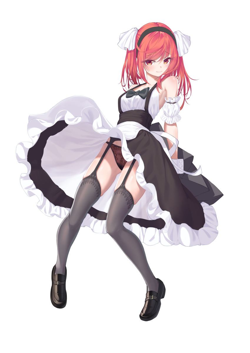 1girl absurdres apron arm_cuffs bare_shoulders black_bow black_footwear black_hairband black_legwear black_skirt bow brown_panties closed_mouth deatheach full_body garter_straps hairband highres long_hair looking_at_viewer maid original panties pantyshot pantyshot_(standing) red_eyes redhead shoes simple_background skirt smile solo standing thigh-highs underbust underwear waist_apron white_background