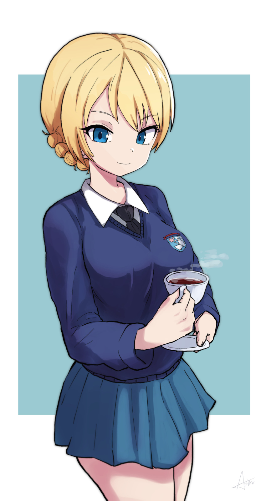 1girl artist_name asutoro_(s--t) bangs blonde_hair blue_eyes braid closed_mouth commentary cup darjeeling_(girls_und_panzer) eyebrows_visible_through_hair girls_und_panzer green_background highres holding holding_cup holding_saucer looking_at_viewer outside_border saucer school_uniform short_hair signature smile solo st._gloriana's_school_uniform standing steam teacup tied_hair