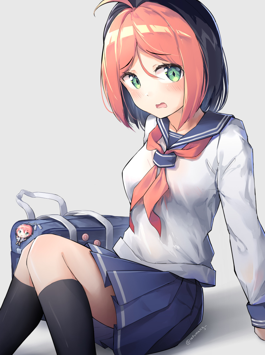 1girl absurdres arms_behind_back artist_name bag black_hair blush breasts green_eyes highres knees_together_feet_apart long_sleeves looking_at_viewer multicolored_hair open_mouth osu! pink_hair pippi_(osu!) pleated_skirt school_uniform short_hair simple_background sitting skirt small_breasts thigh-highs thighs tofumang white_background