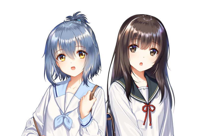 2girls bag blue_hair blue_neckwear brown_eyes brown_hair commentary_request eyebrows_visible_through_hair flat_chest hair_between_eyes haneru highres looking_at_viewer medium_hair multiple_girls neck_ribbon neckerchief open_mouth original red_neckwear ribbon sailor_collar school_uniform serafuku shiny shiny_hair shirt short_hair short_ponytail shoulder_bag simple_background white_background white_serafuku white_shirt yellow_eyes