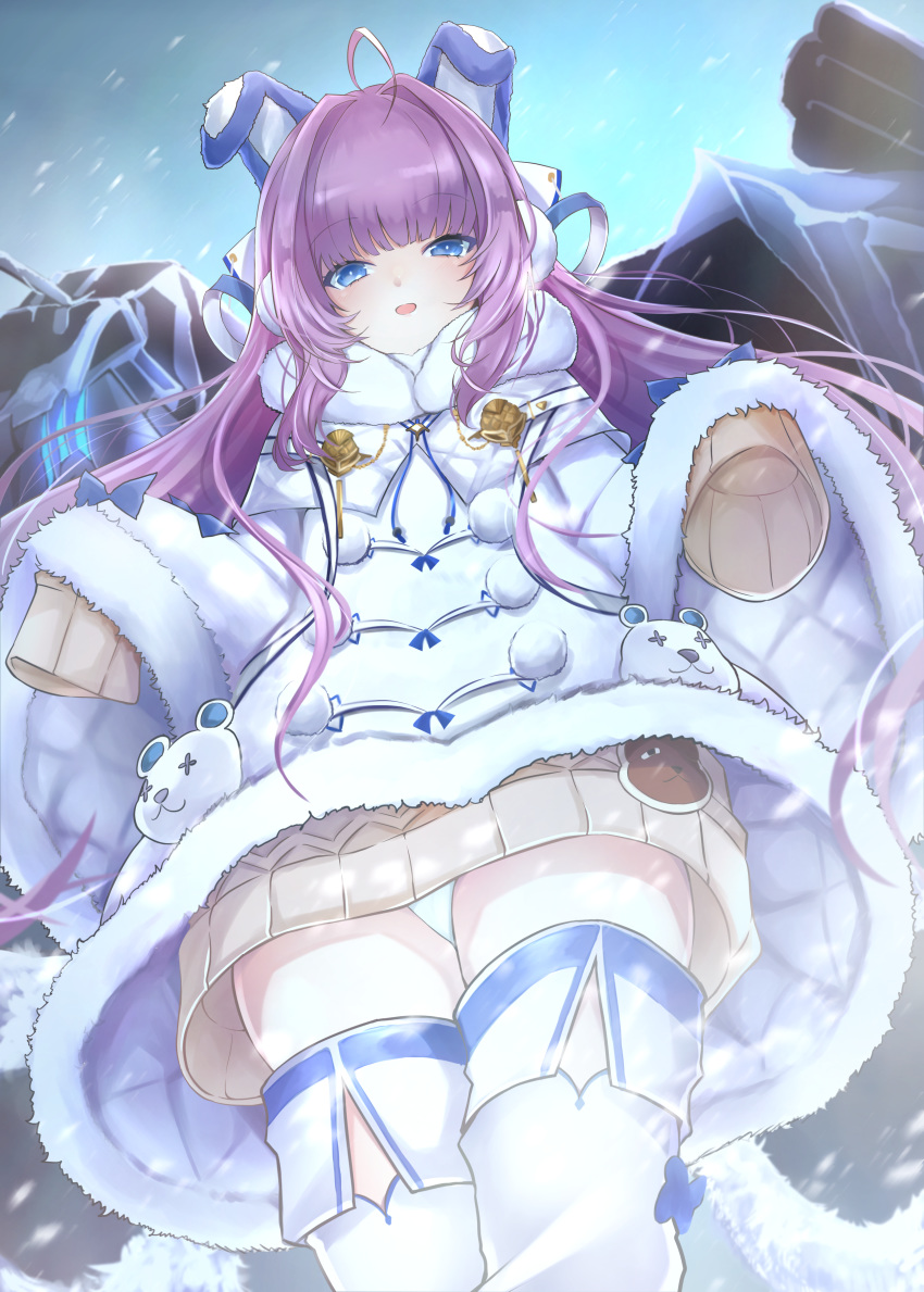 1girl absurdres animal_ears azur_lane blue_eyes blush coat dress earmuffs eyebrows_visible_through_hair fur_trim hair_ornament hair_ribbon highres long_hair long_sleeves looking_at_viewer looking_down mizuno_tera open_mouth panties pantyshot purple_hair ribbon smile snowing solo sweater sweater_dress tashkent_(azur_lane) thigh-highs turret underwear very_long_hair white_coat white_legwear white_panties winter_clothes