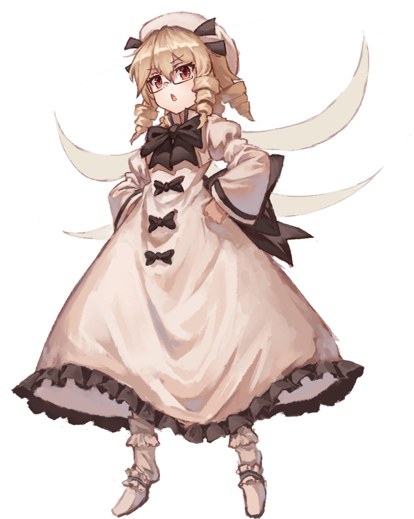 1girl back_bow beret bespectacled black_bow black_neckwear black_ribbon blonde_hair bow chestnut_mouth clenched_hand commentary_request dress drill_hair fairy_wings frilled_dress frills full_body glasses hands_on_hips hat hat_ribbon highres long_sleeves luna_child open_mouth puffy_sleeves red_eyes ribbon short_hair simple_background solo touhou white_background white_dress white_footwear white_headwear wide_sleeves wings yanyan_(shinken_gomi)